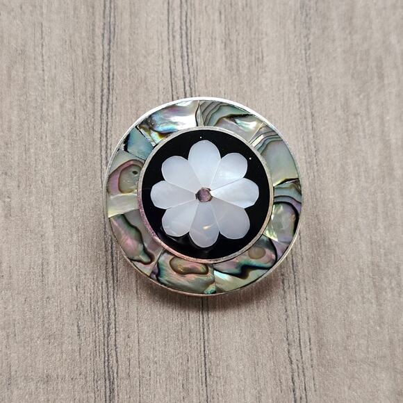 Vintage Alpaca Silver Abalone & Mother of Pearl Round Flower Brooch and Pendant - Picture 1 of 5